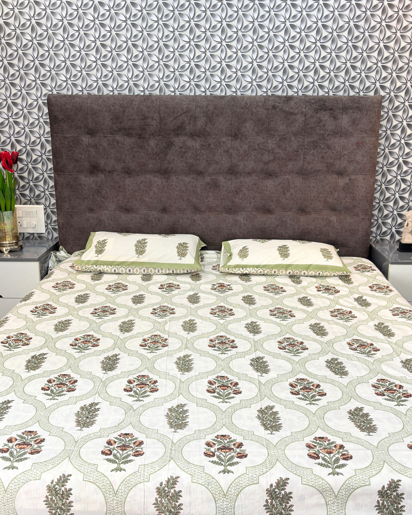 Ivory, Sage Green & Brown Floral Geometric Jaipuri Cotton King Bedsheet With 2 Pillow Covers