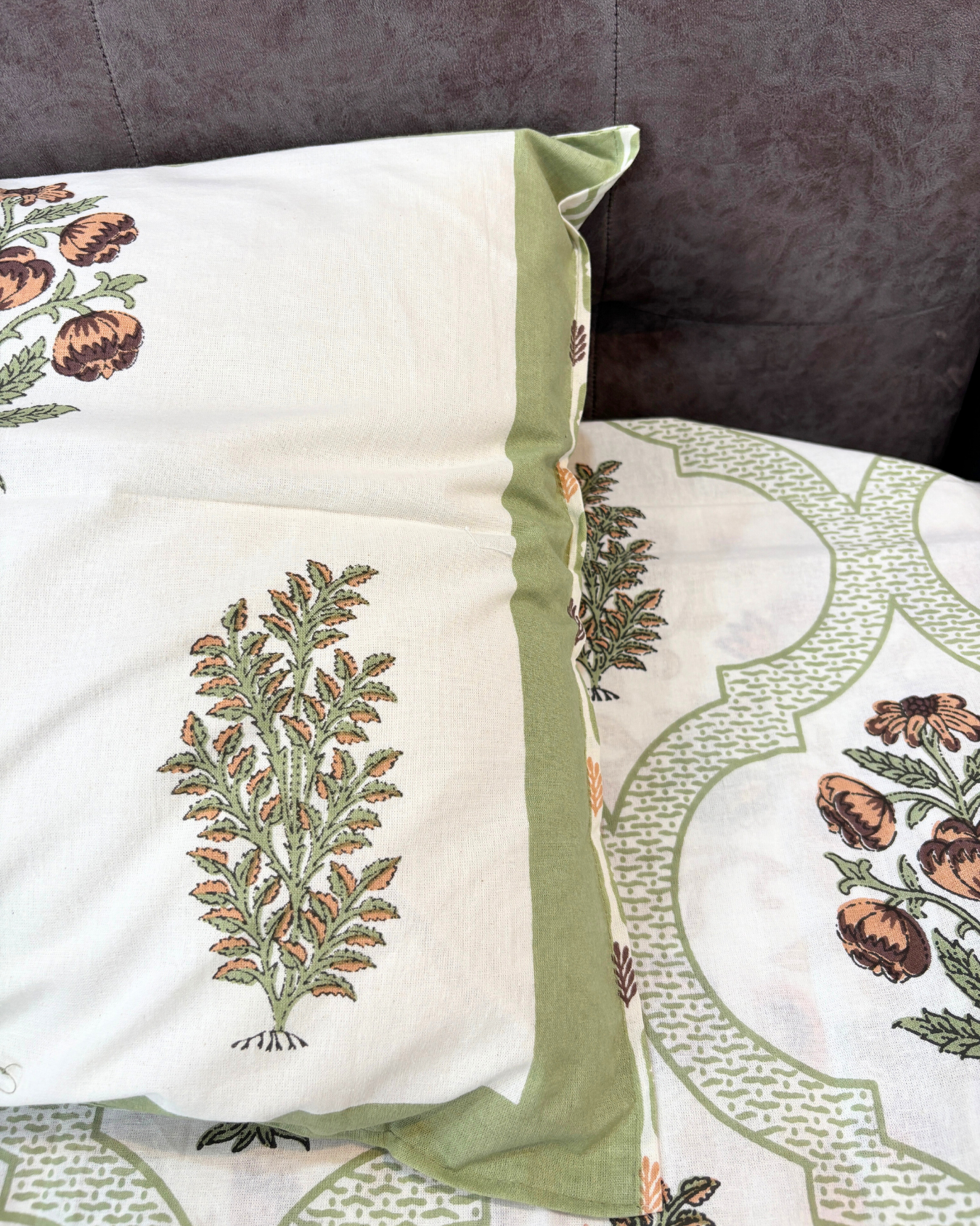 Ivory, Sage Green & Brown Floral Geometric Jaipuri Cotton King Bedsheet With 2 Pillow Covers