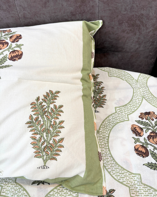 Ivory, Sage Green & Brown Floral Geometric Jaipuri Cotton King Bedsheet With 2 Pillow Covers HOME SAARTHI