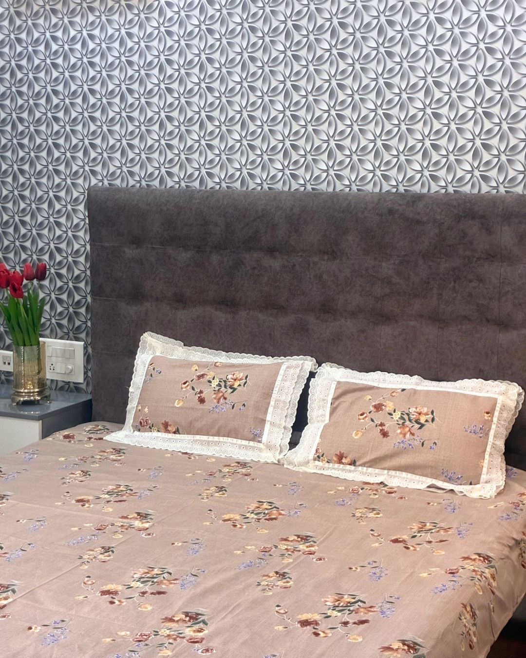Chocolate Brown & Multicolor Floral King Size Bedsheets with Laced Pillow Covers HOME SAARTHI