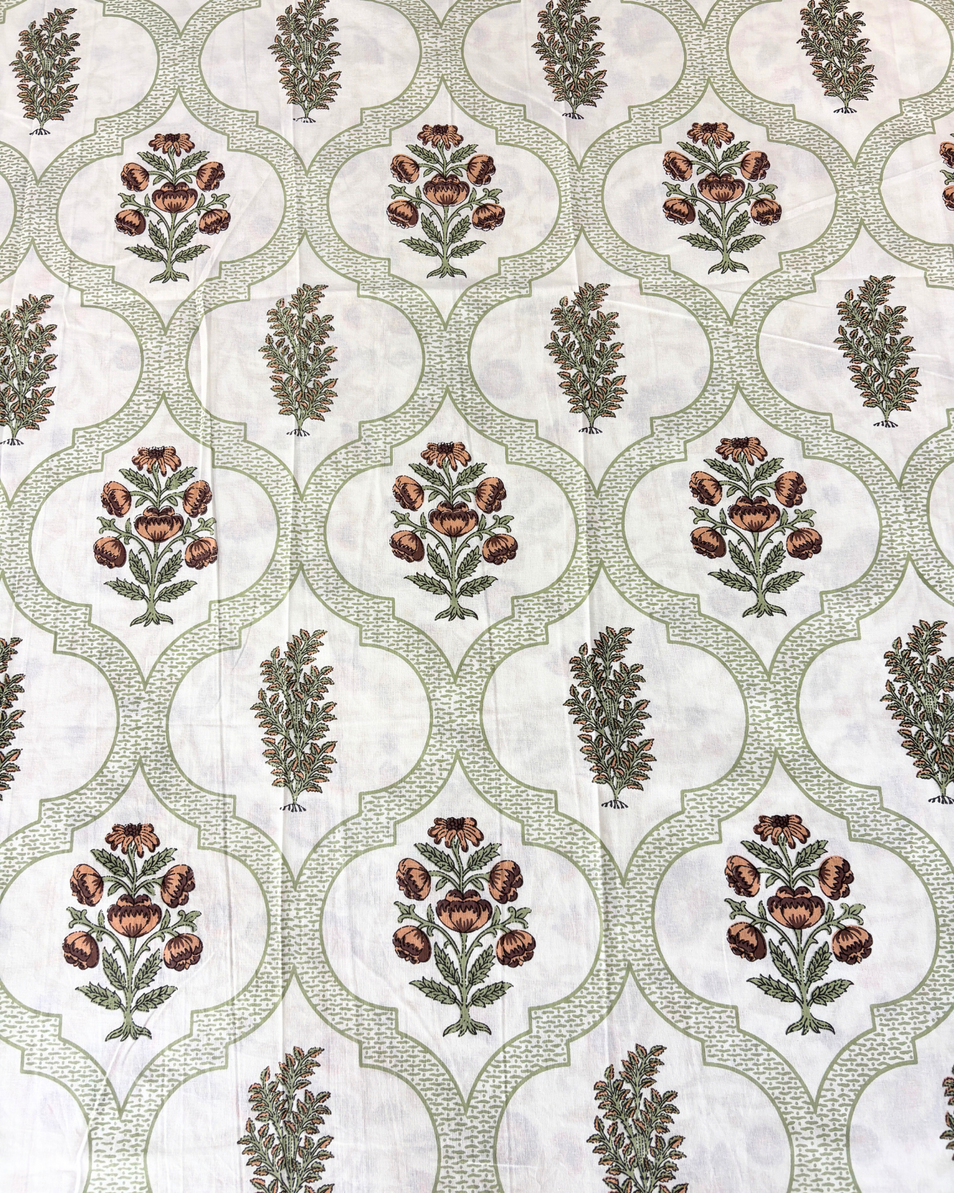 Ivory, Sage Green & Brown Floral Geometric Jaipuri Cotton King Bedsheet With 2 Pillow Covers