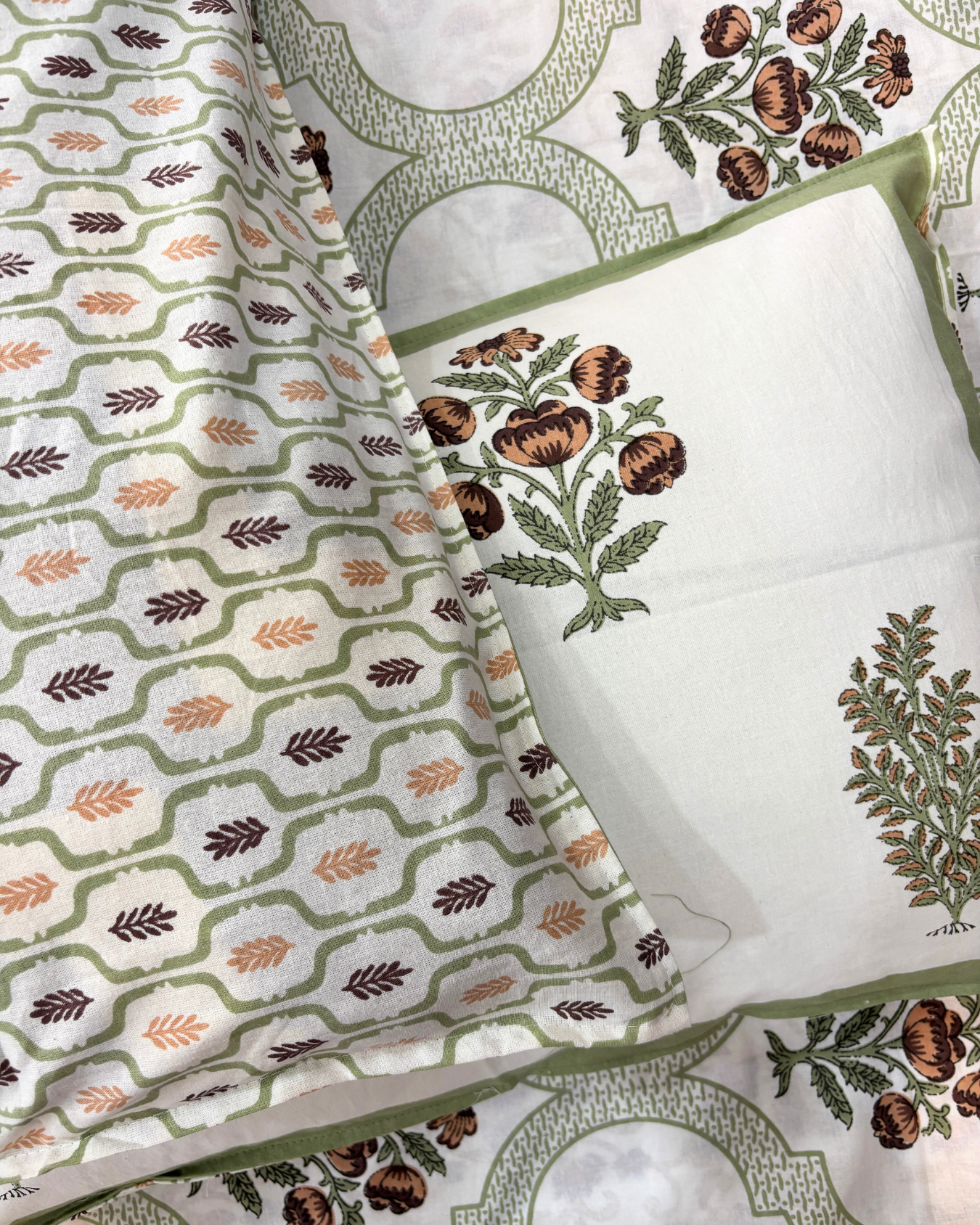 Ivory, Sage Green & Brown Floral Geometric Jaipuri Cotton King Bedsheet With 2 Pillow Covers