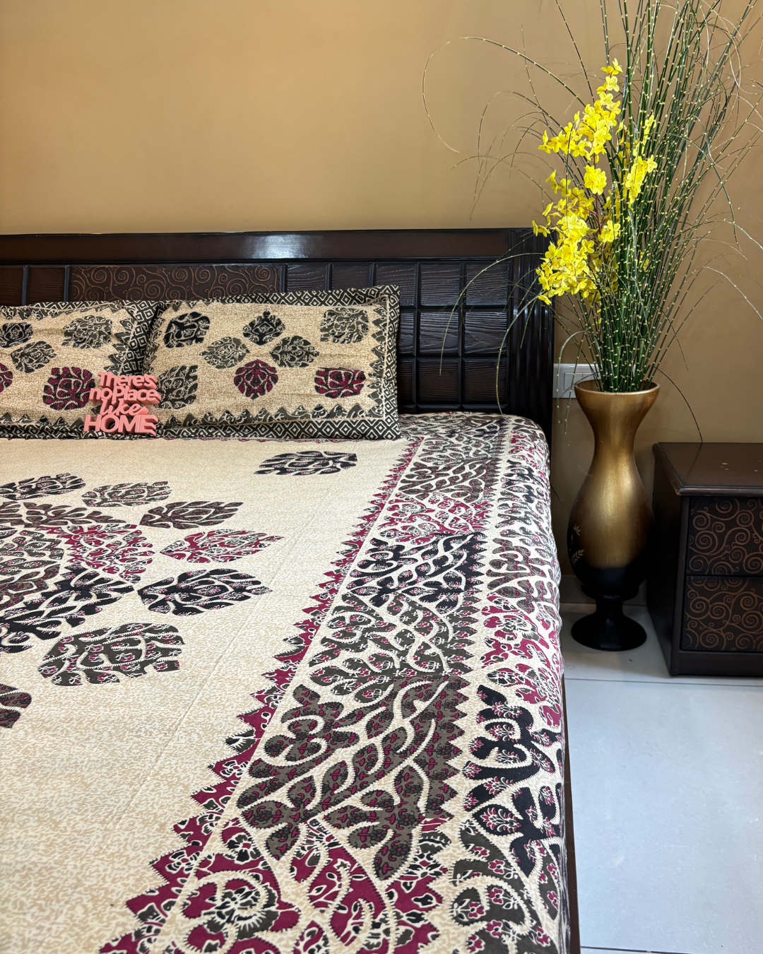Beige and Wine Floral Mandala Double Size Cotton Bedsheet HOME SAARTHI