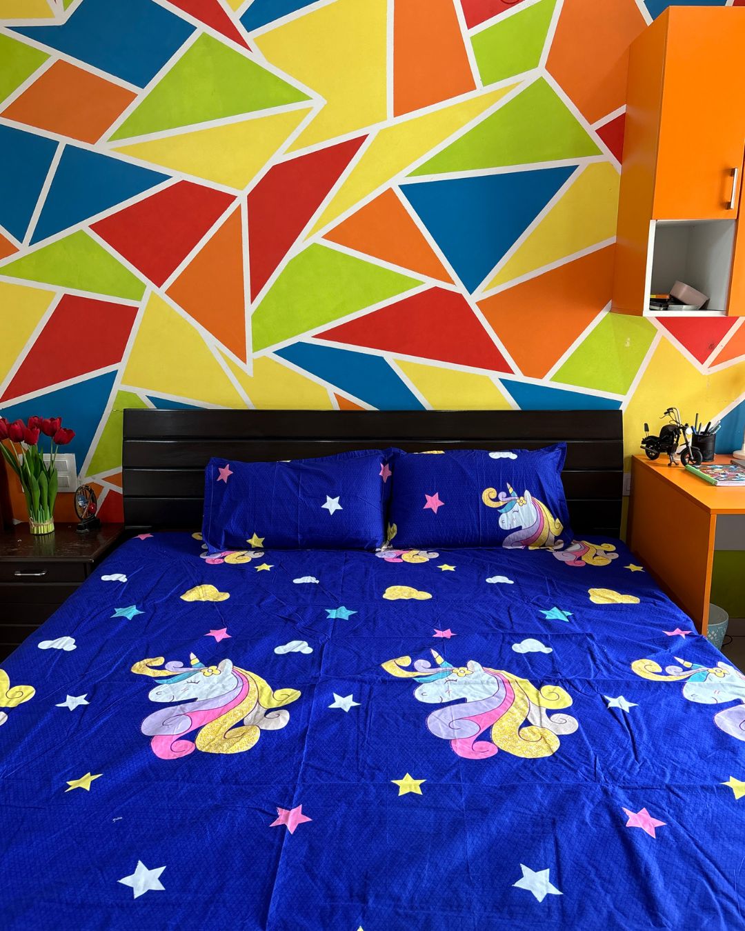Royal Blue Unicorn & Star Print King Size Bedsheets HOME SAARTHI