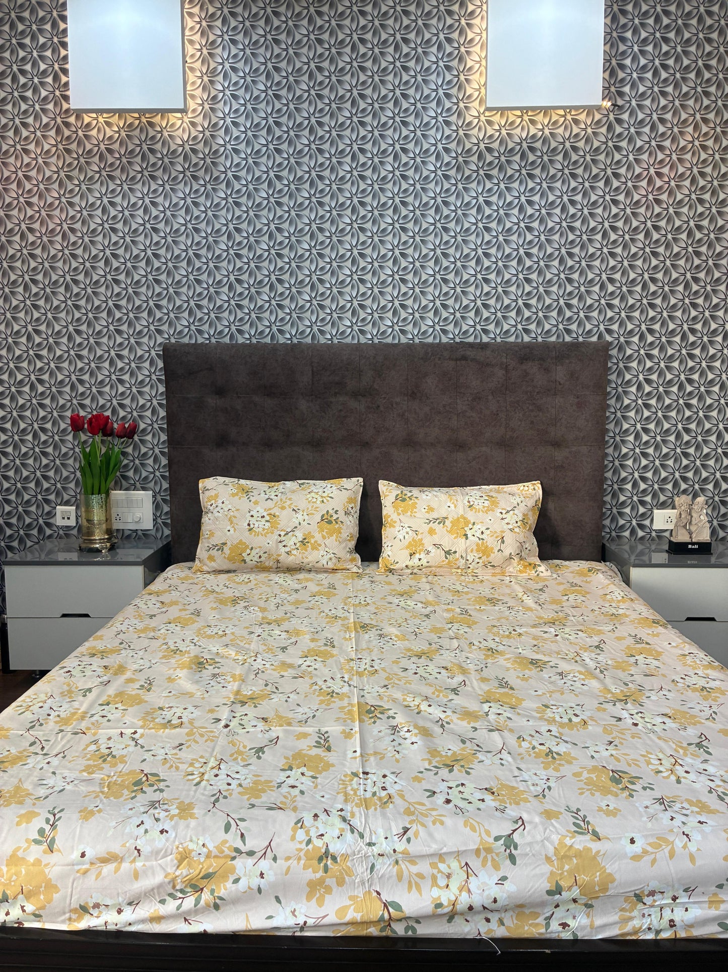 Cream & Mustard Yellow Floral King Size Bedsheets with Quilted Pillow Covers HOME SAARTHI