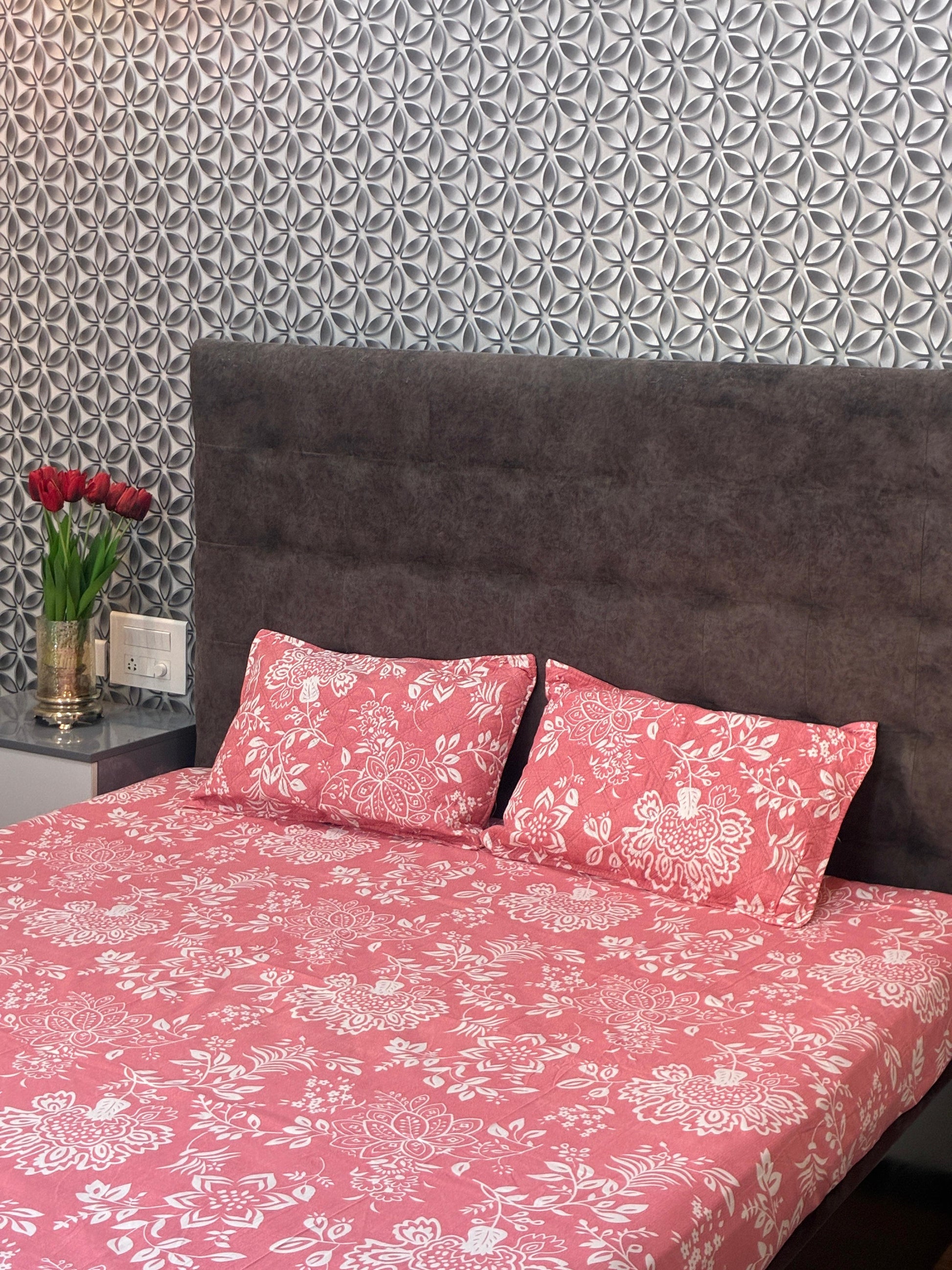 Dusty Rose Pink Floral King Size Bedsheets with Quilted Pillow Covers HOME SAARTHI
