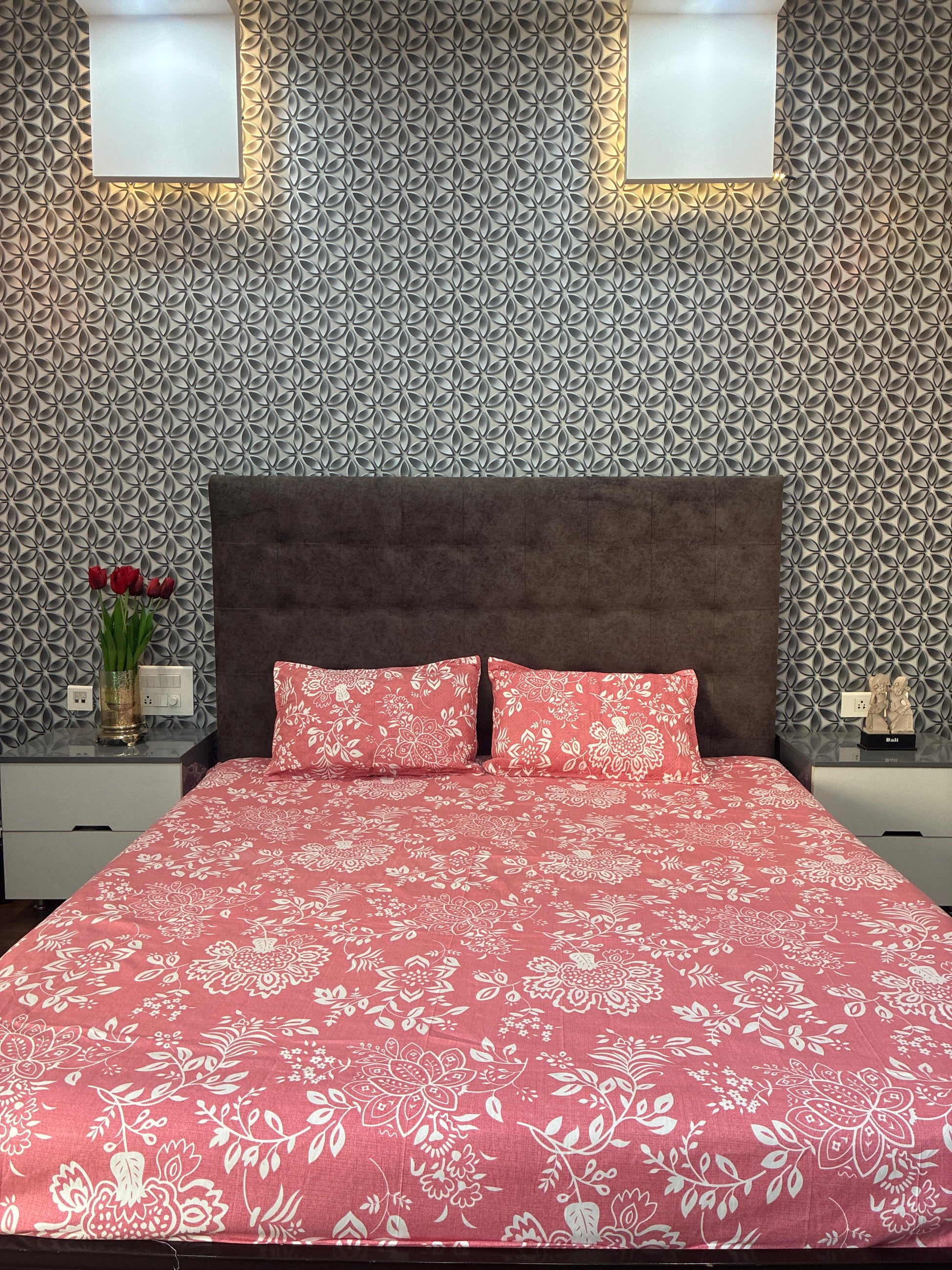 Dusty Rose Pink Floral King Size Bedsheets with Quilted Pillow Covers HOME SAARTHI